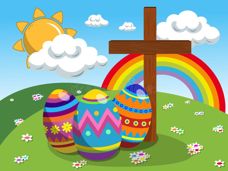 Uova decorate ed incrocio cristiano al prato di pasqua royalty illustrazione gratis