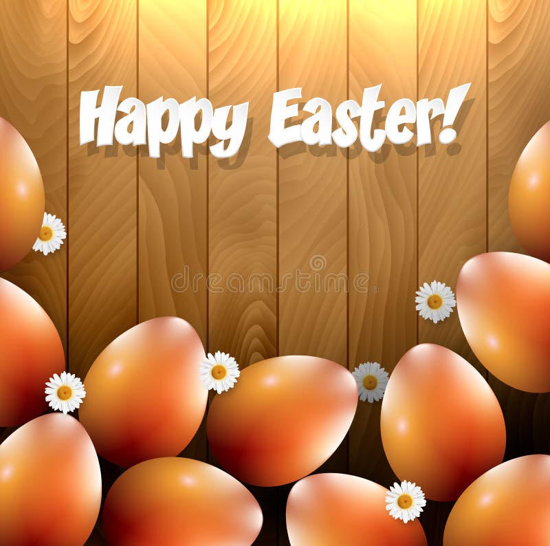 Uova di Pasqua e piccoli fiori su un fondo di legno