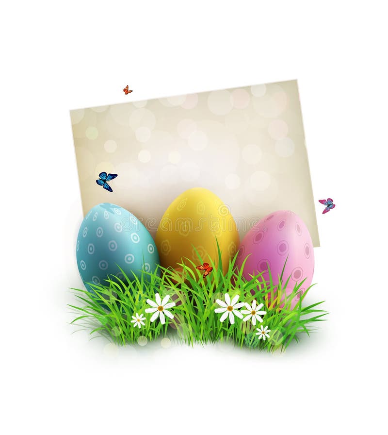 Uova di Pasqua in erba verde con i fiori bianchi, farfalle, carta d'annata illustrazione vettoriale