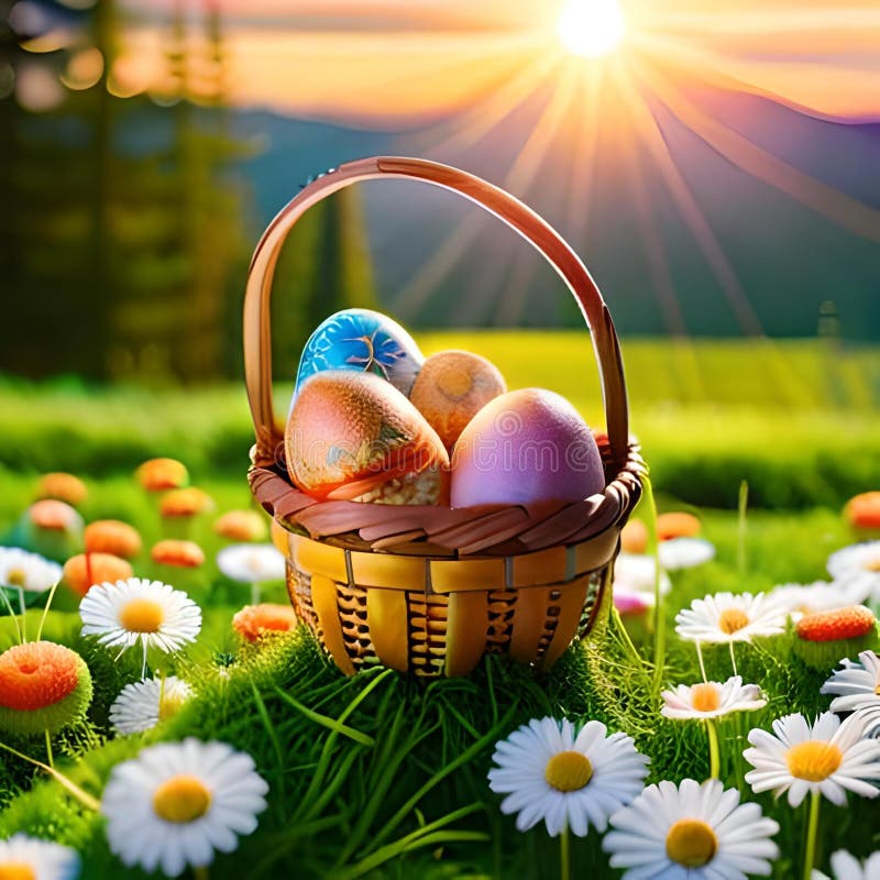 Uova in fiore di colore multicolore in un bel cestino sullo sfondo di erba verde e di fondo di sole. Uova di conifere muticolose in un bel cestino sullo sfondo di erba verde e di fondo di sole sono state create dai generativi ai.