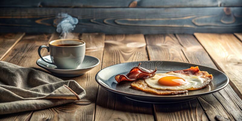 Uova fritte di farina mattutina aromatica con pancetta croccante e una tazza di caffè cucito sulla tavola di legno rustico. Genera illustrazione di stock