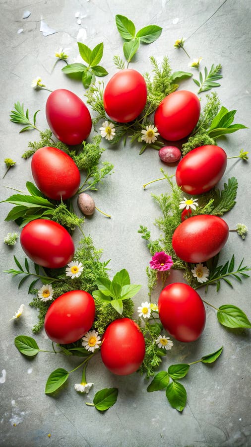 Uova rosse colorate abbinate splendidamente a erbe fresche e fiori per un'incantevole festa di primavera. aizione generativa illustrazione vettoriale