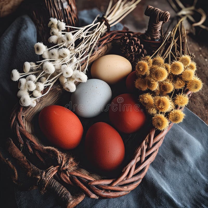 Uova verniciate a mano in tonalità calde disposte con fiori essiccati e una pignola sulla superficie di legno rustico. Uova colorate e verniciate a mano a gradini caldi giacciono in un cestello intessuto accanto a fiori di camomilla secchi e una piccola pignola su legno di stoffa