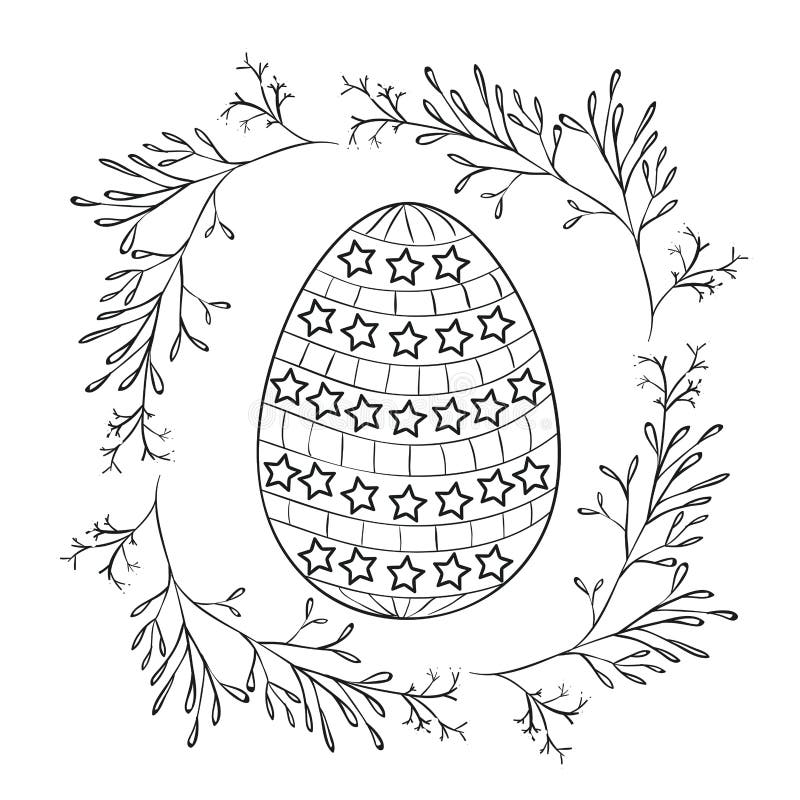 Uovo di Pasqua con le stelle e la struttura decorative dei rami intorno in siluetta monocromatica illustrazione di stock Uovo di Pasqua con le stelle e la struttura decorative dei rami intorno in siluetta monocromatica illustrazione di stock