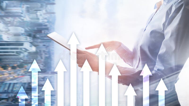 Up arrow graph on skyscraper background. Invesment and financial growth concept. royalty free stock images Up arrow graph on skyscraper background. Invesment and financial growth concept. royalty free stock images