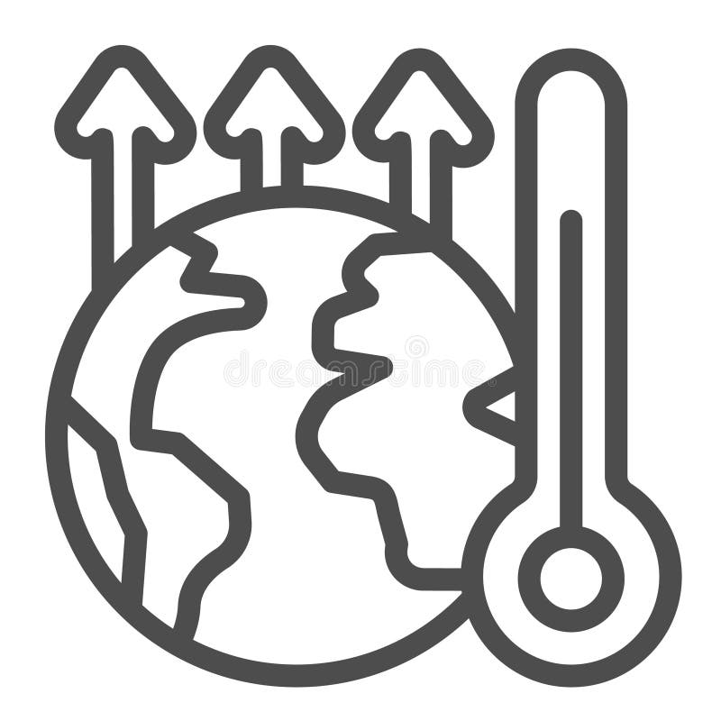 Up arrow and planet with thermometer line icon, climate change concept. Vector graphics. Planet temperature level raise vector illustration