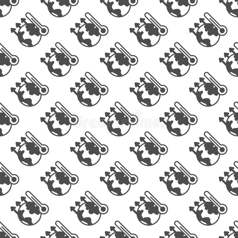 Up arrow and planet with thermometer solid seamless pattern, climate change theme. Vector graphics. Planet temperature stock illustration