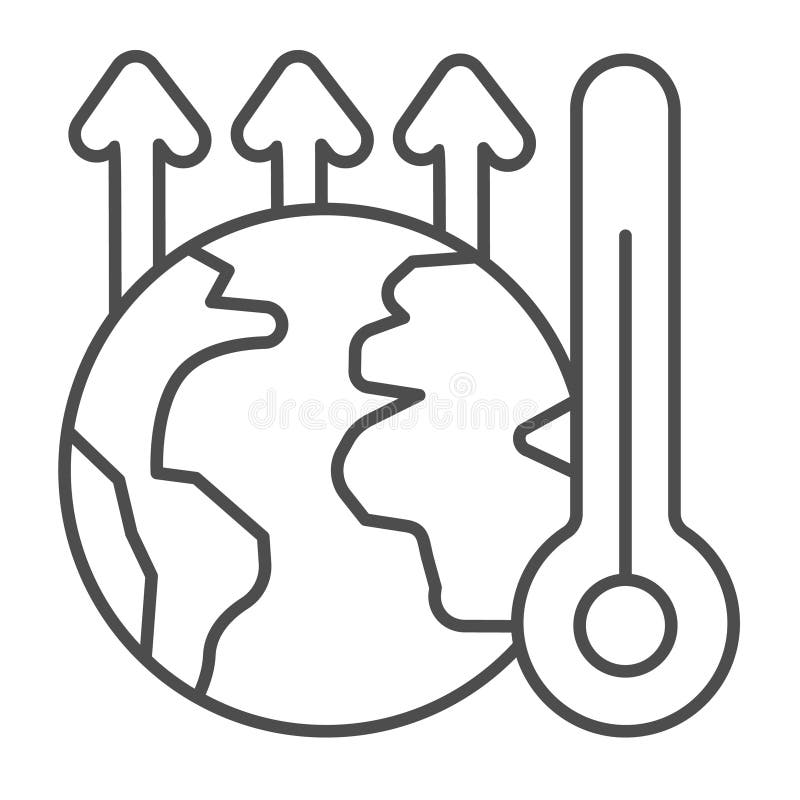 Up arrow and planet with thermometer thin line icon, climate change concept. Vector graphics. Planet temperature level vector illustration