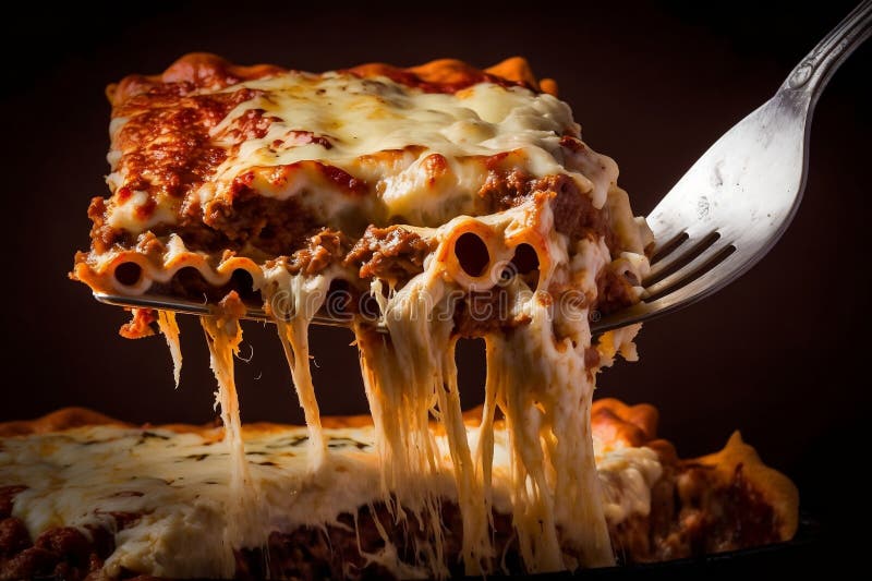Up-close of Cheesy Lasagna on a Fork: A Mouthwatering Shot. Generative AI royalty free stock photo