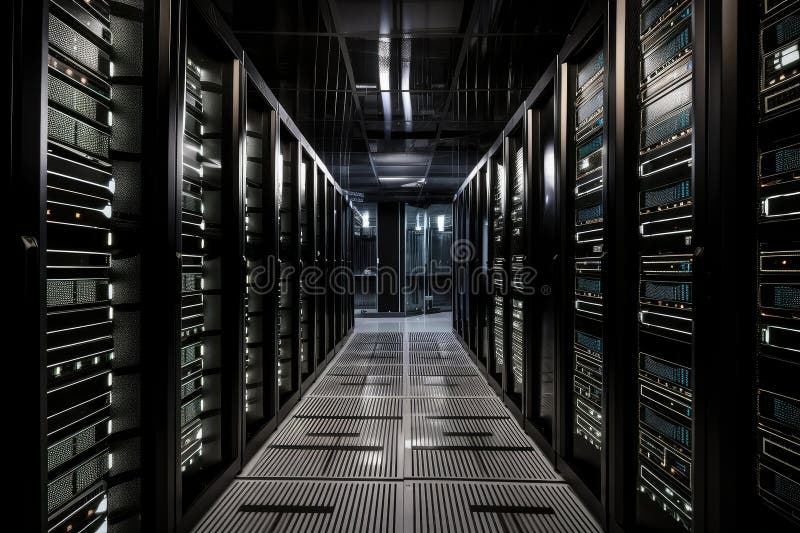 Up-close view of storage data center, with servers and hard drives visible royalty free illustration