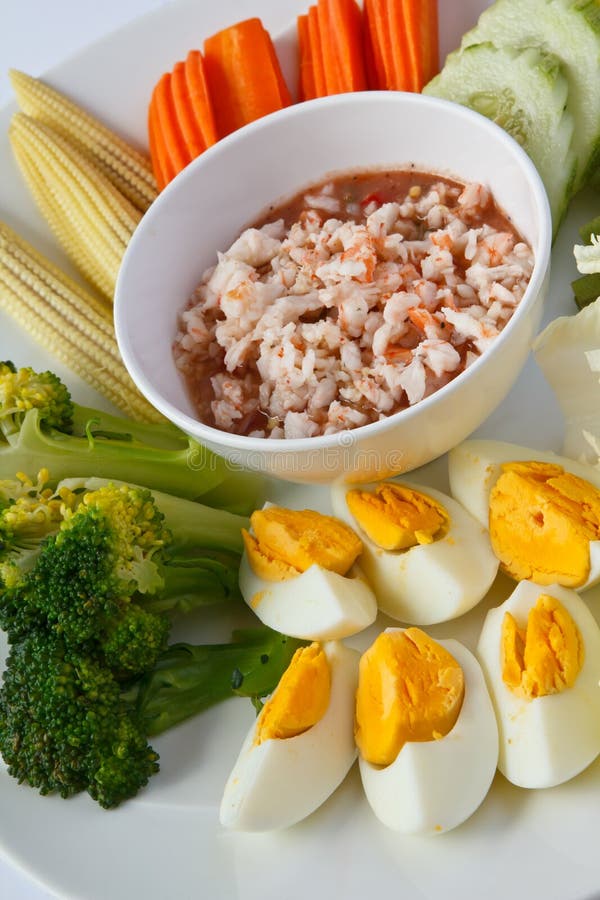 Thai traditional food, Spicy shrimp dip served with boiled egg and vegetable. Thai traditional food, Spicy shrimp dip served with boiled egg and vegetable