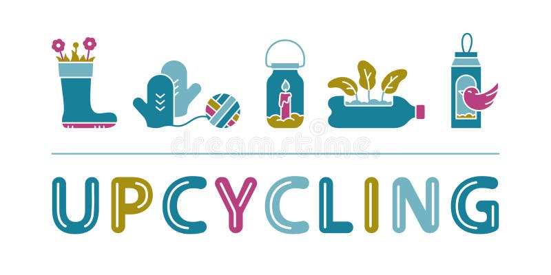 Upcycling horizontal rectangular banner for web. Cutout silhouette icon set with lettering. Different handmade things. Multicolor stock illustration