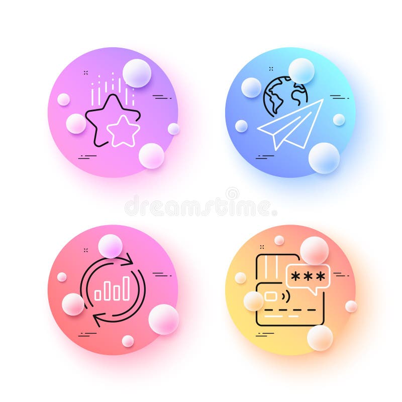 Update data, Card and Paper plane minimal line icons. For web application, printing. Vector. 3d spheres or balls buttons. Ranking stars icons. Sales chart, Bank payment, Airplane travel. Winner award.