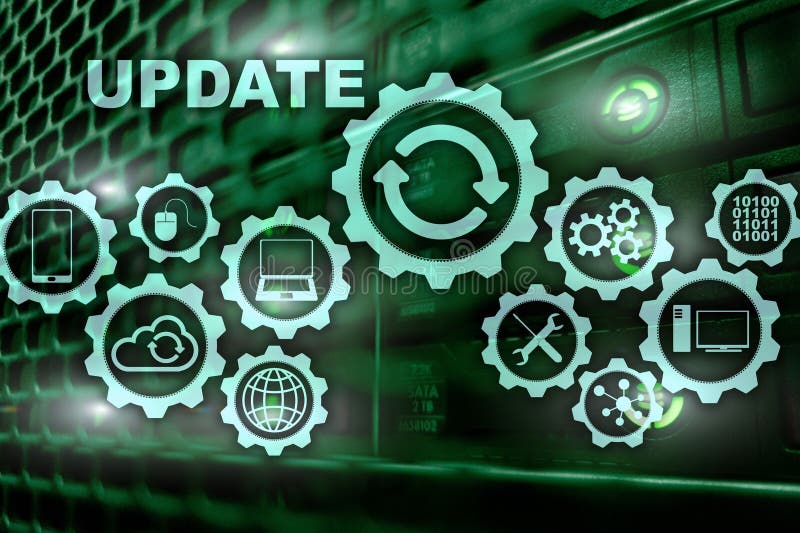 Update Software Computer on Virtual Screen Server Room Datacenter Background. Technology Updating Concept. stock photos Update Software Computer on Virtual Screen Server Room Datacenter Background. Technology Updating Concept. stock photos