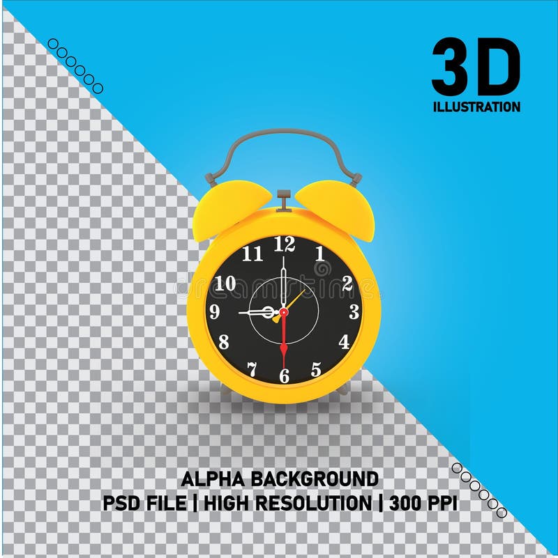 3D illustration of a classic yellow alarm clock with a black dial, white numerals, and red second hand. The background is half blue and half transparent, indicating an alpha background often used for digital design. The clock is centered with text advertising its features: "Alpha Background, PSD File, High Resolution, 300 PPI. " The design suggests use in graphics or multimedia projects. Ppi file vectors