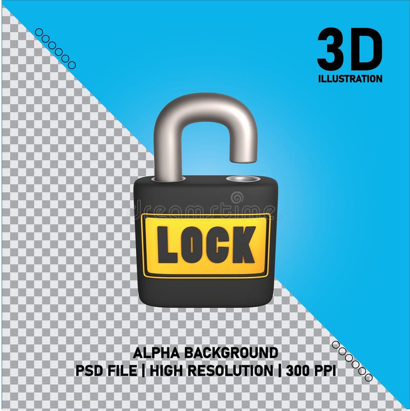 3D illustration of an open padlock with a black body and a shiny metallic shackle. The padlock features a yellow label with "LOCK" written on it. The background is a gradient blue with a transparent section signified by a checkerboard pattern, suggesting an alpha channel. Text on the image highlights the PSD file format with high resolution at 300 PPI. Decorative dots and "3D ILLUSTRATION" text appear on the top right. Ppi file vectors