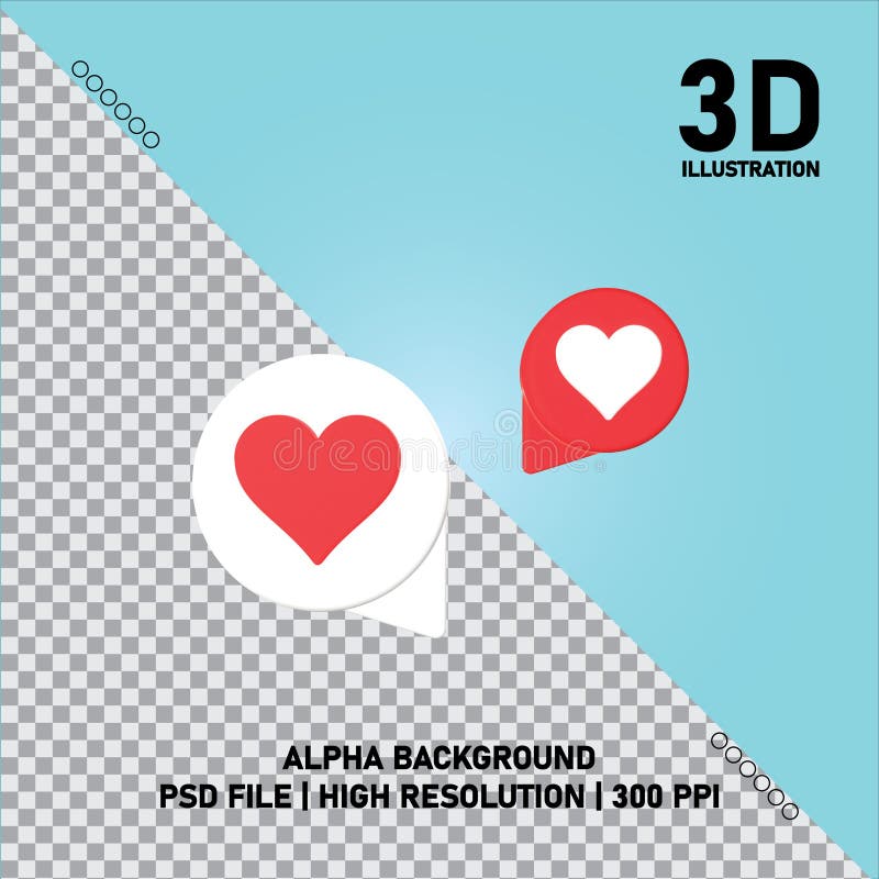 3D illustration featuring two heart icons inside speech bubbles. One bubble is white with a red heart, and the other is red with a white heart. The background is split diagonally between a light blue area and a checkered pattern, indicating transparency. The text on the image mentions "Alpha Background," "PSD File," "High Resolution," and "300 PPI. " Circles arranged diagonally provide a decorative element. The design is intended for microstock use, emphasizing digital and graphic design themes. Ppi file vectors