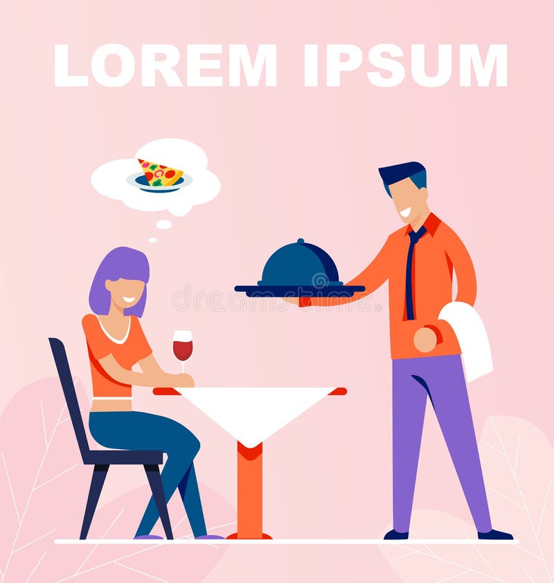 Uppassare Brings Food Order för flickan som sitter på tabellen vektor illustrationer Uppassare Brings Food Order för flickan som sitter på tabellen vektor illustrationer