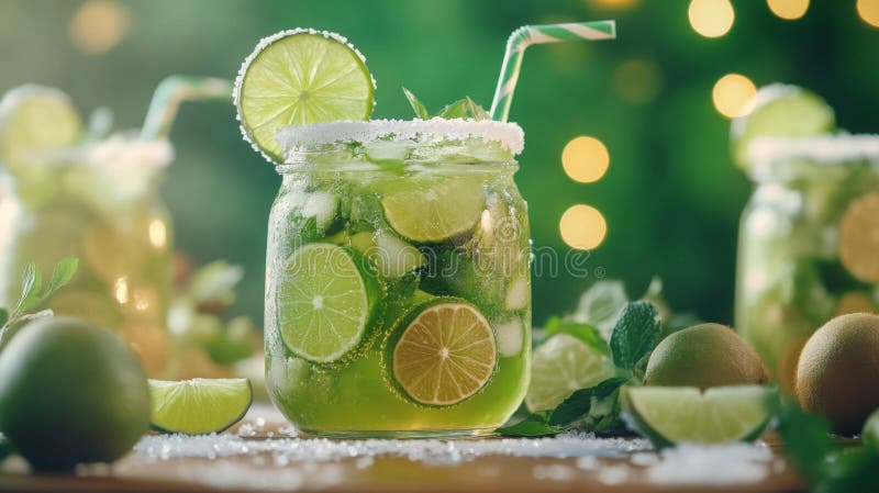 Uppdatera Lime Mint Cocktail i Mason Jar stock illustrationer