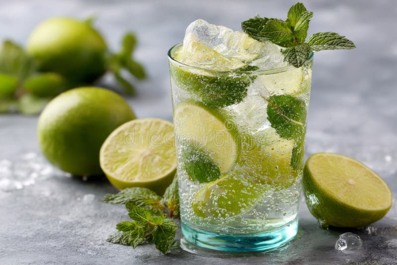 Uppdatering av Lime Mint Cocktail med iskuber stock illustrationer
