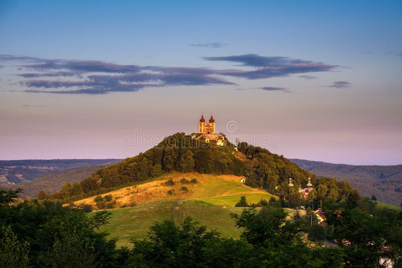 Upper church with two towers in Banska Stiavnica, Slovakia stock photo Upper church with two towers in Banska Stiavnica, Slovakia stock photo