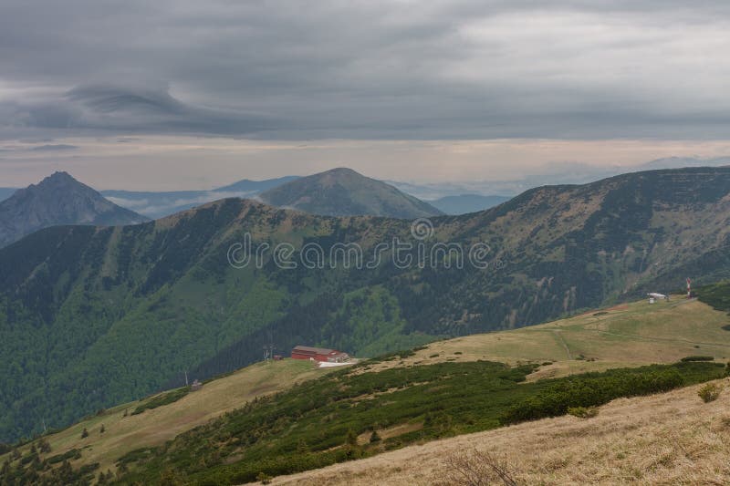 Upper station of chairlift in Snilovske sedlo, Steny, Stoh, Velky Rozsutec, view from path to Velky Krivan in national park Mala