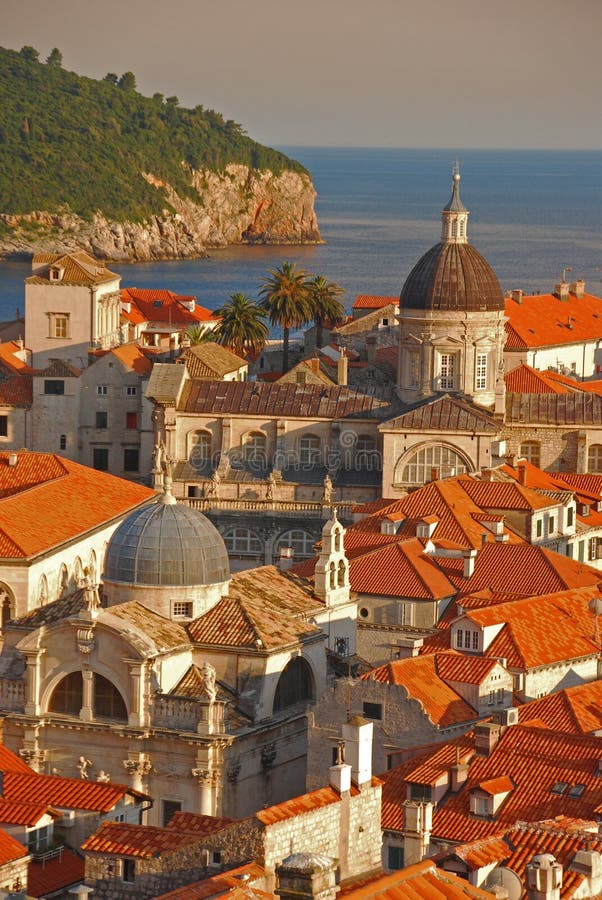 Bella vista lo strato superiore della città croata, con il suo meraviglioso colore arancio brillante tetto in terracotta, insieme con alcuni Alberi di Palma e di vecchia architettura verso la tarda sera con il sole.