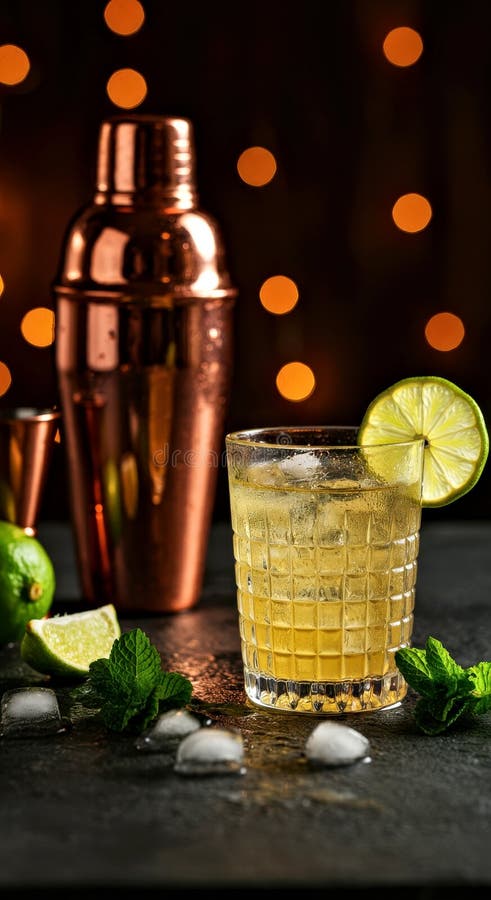 Uppfriskande kalkcocktail med kopparshaker och mynta i elegant barer som reglerar internationella bardedagar vektor illustrationer