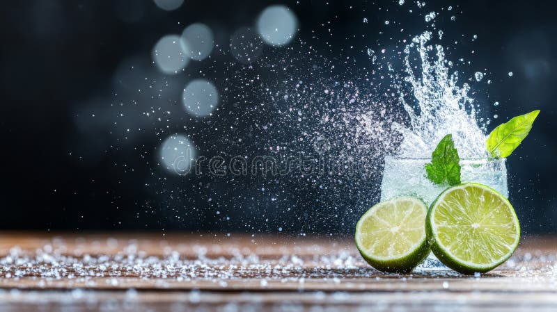 Uppfriskande lime-sodavattenstänk med mynta på träbord vektor illustrationer
