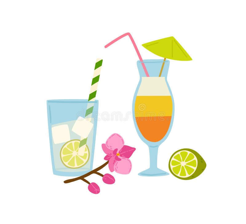 Uppfriskande sommarcocktails med en plan illustration av halmvektorn. Kyldrycker i glas som dekoreras av paraplyblommor. stock illustrationer