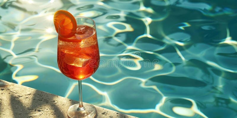 Uppfriskande sommarviber med en vibrant aperol spritz vid poolside stock illustrationer