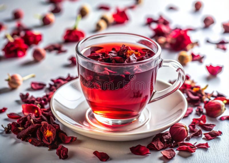 Uppfräschning av Hibiscus Rose Tea i en genomskinlig glascupe A Tranquil Beverage stock illustrationer