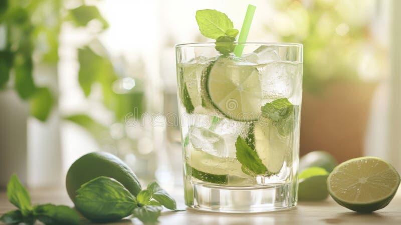 Uppfräschning av kalk och myntskärl i glas stock illustrationer