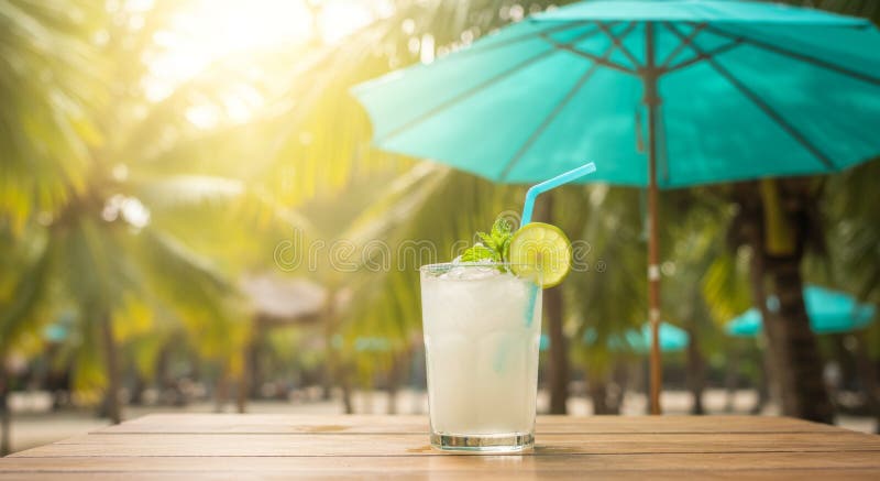 Uppfräschning av Lime Cocktail på Tropical Beach vektor illustrationer