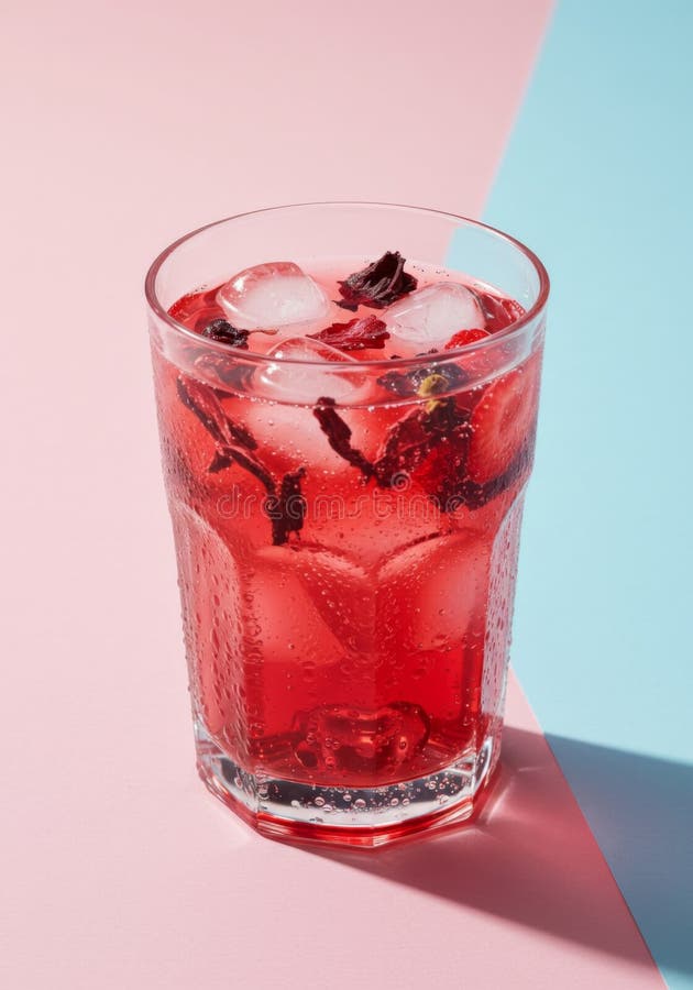 Uppfräschning av rött Hibiscus Iced Tea i glas med iskuber på rosa och blå bakgrund vektor illustrationer