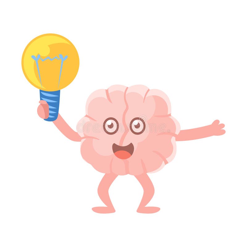 Upphetsade humaniserade Brain Holding An Electric Bulb ha en idé, Emoji för tecken för tecknad film för mänskligt organ för intel stock illustrationer Upphetsade humaniserade Brain Holding An Electric Bulb ha en idé, Emoji för tecken för tecknad film för mänskligt organ för intel stock illustrationer