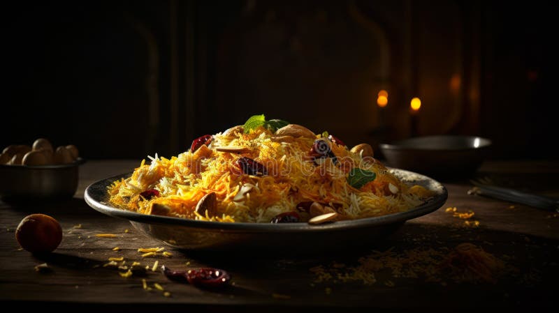 Uppleva de rika smakerna av iranska livsmedelsfotografier av biryani. generativ ai vektor illustrationer