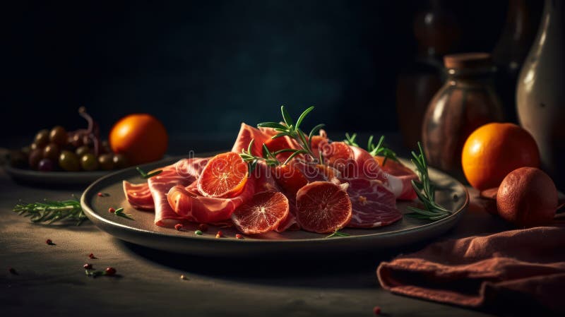 Uppleva de rika smakerna av prosciutto, ett traditionellt italianskt saltat köttfotografi. generativ ai vektor illustrationer