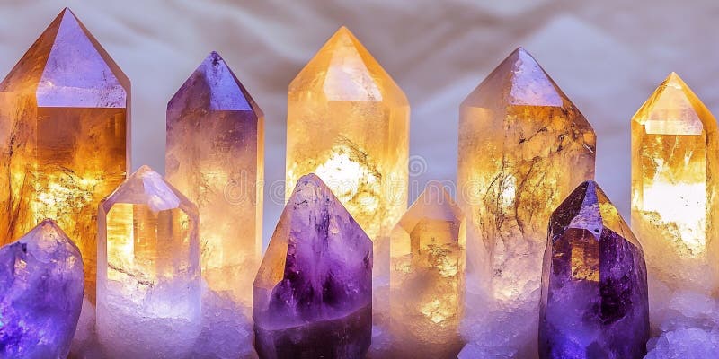 Upplysande Ametyst och Citrine Crystal Clusters Glowing Gemstones Spiritual Healing Meditation stock illustrationer