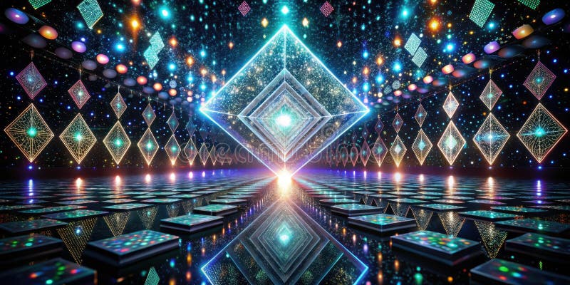 Upplyst bana till en celestial geometrisk struktur med en reflekterande yta och slimmad belysningsutformning. Generativ vektor illustrationer