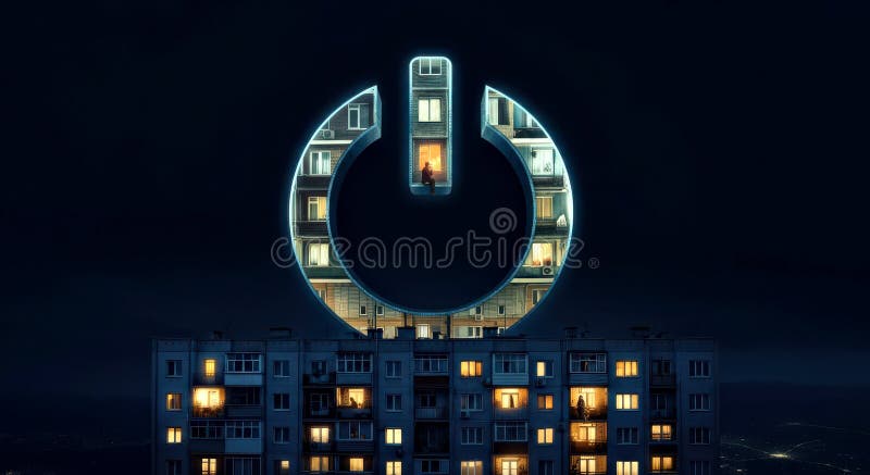 Upplyst effektsymbol i nattlig cityscape med bostadshus vektor illustrationer