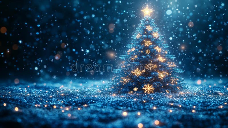 Upplyst julträd i en snötäckt natt vektor illustrationer