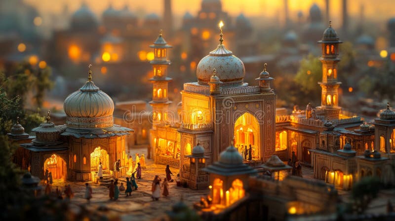 Upplyst Miniature City på natten : En detaljerad modell stock illustrationer