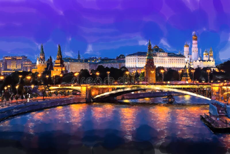 Upplyst Moskva Kreml, Kreml Embankment och Moskva-floden nattetid i Moskva, Ryssland Vattenfärgsformat vektor illustrationer Upplyst Moskva Kreml, Kreml Embankment och Moskva-floden nattetid i Moskva, Ryssland Vattenfärgsformat vektor illustrationer