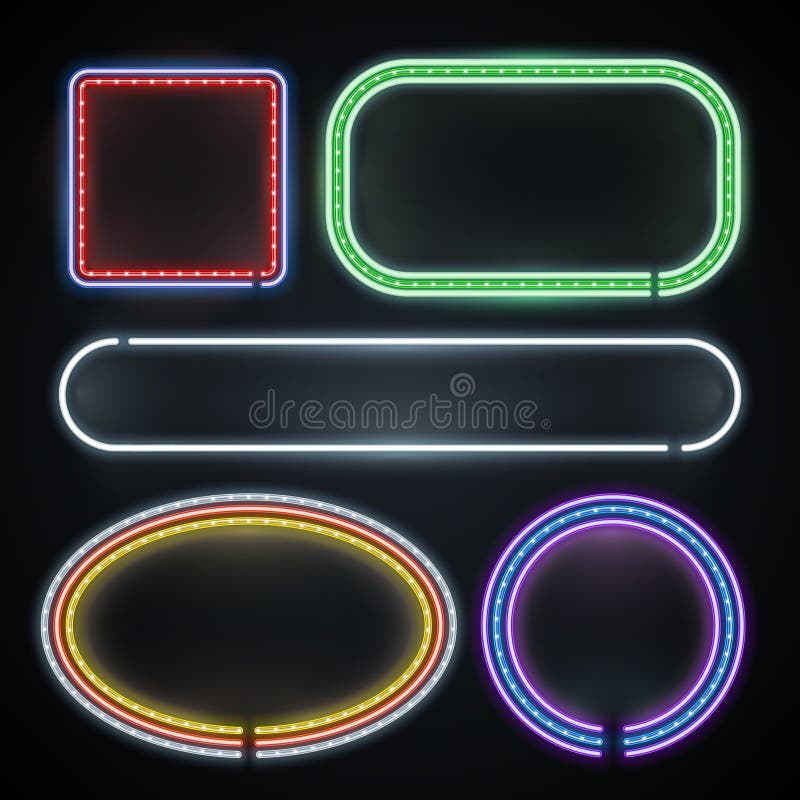 Upplyst neon gränsar, tomt ramtecken, det nya året, kasinot, uppsättning för partigarneringvektor royaltyfri illustrationer