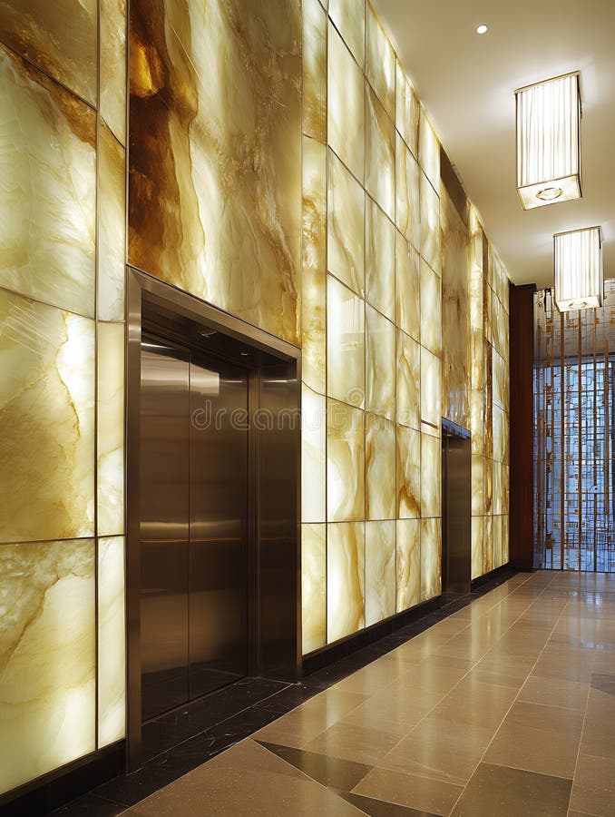 Upplyst Onyx Wall och Modern Elevator i en luxuriös lobby vektor illustrationer