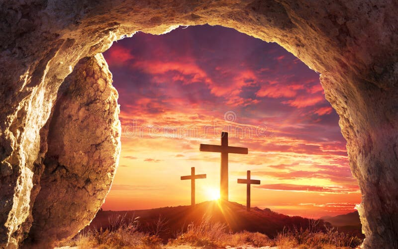 Resurrection Concept - Empty Tomb With Three Crosses On Hill At Sunrise. Resurrection Concept - Empty Tomb With Three Crosses On Hill At Sunrise