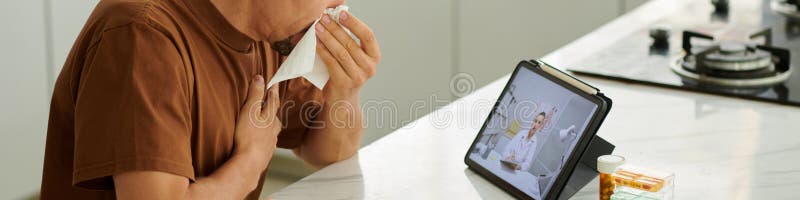 Coughing and sneezing men video calling doctor. Coughing and sneezing men video calling doctor