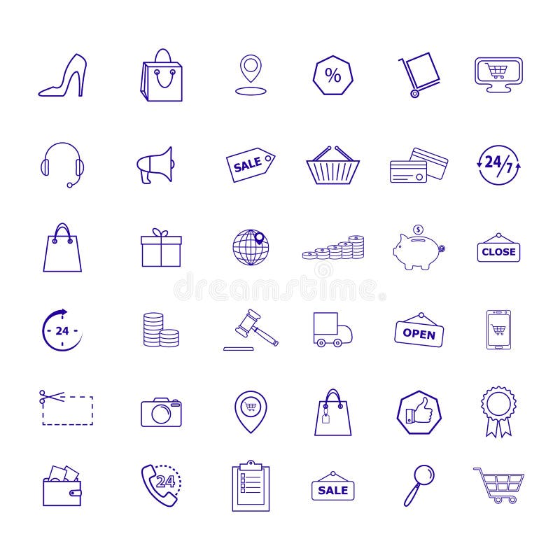 Upps?ttningen av detaljhandel shoppar marknadshandelsymboler vektor illustrationer Upps?ttningen av detaljhandel shoppar marknadshandelsymboler vektor illustrationer