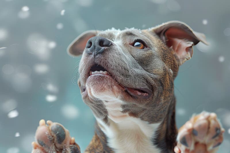 Uppspelande hund med upphetsande uttryck som tittar upp och stänger upp porträtt mot en suddig snöbakgrund. perfekt för vinter ell vektor illustrationer